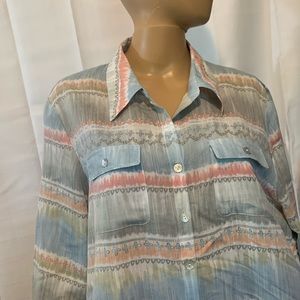 SZ Large Alfred Dunner Top,Soft Aqua Blue/Greens,Melon& White Pastels Watercolor